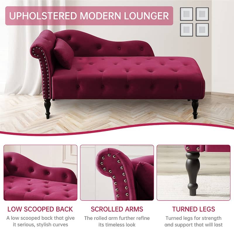 60"W Velvet Chaise Lounge, Tufted with Pillow & Nailhead Decorate - 60.6W" x 27.5D" x 28.3"H