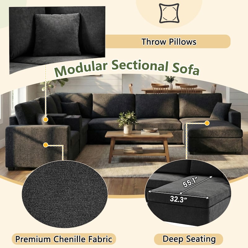 GDFStudio - 134" Modular Chenille U-Shape 5-Seat Sectional Sofa with Storage