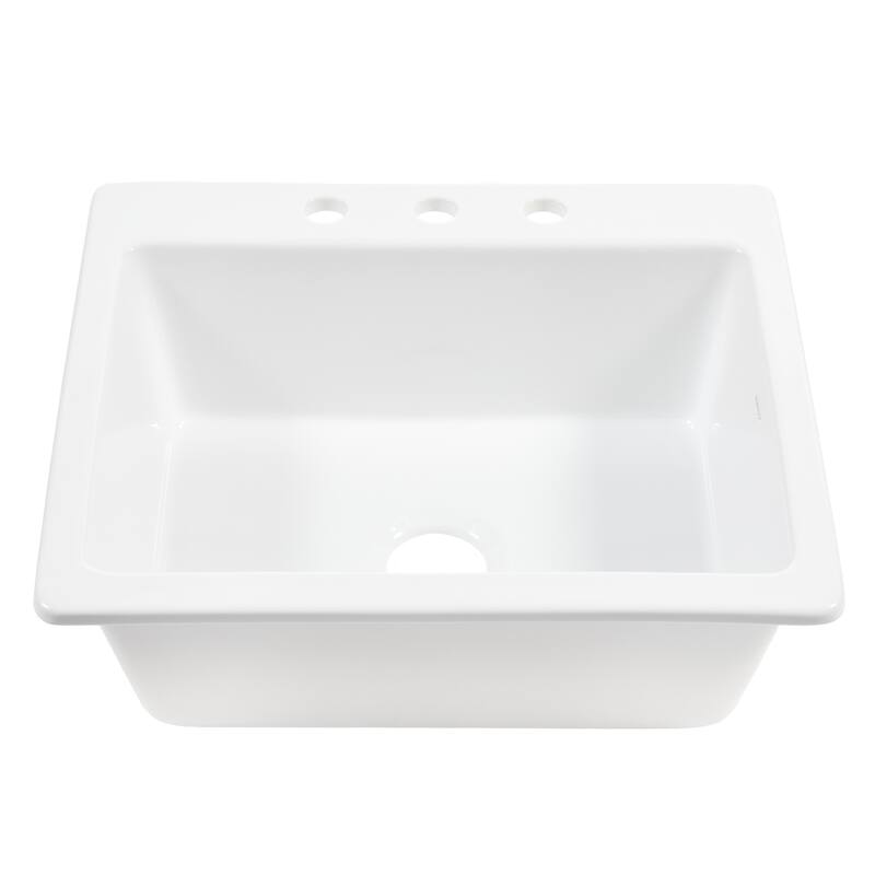 Jackson Crisp White Fireclay 25" Single Bowl Drop-In Kitchen Sink (3 Holes) with Drain