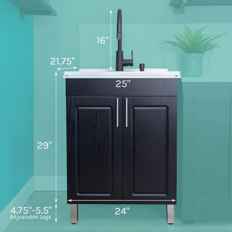 TEHILA Black Utility Sink Cabinet, High Arc Faucet, Soap Dispenser