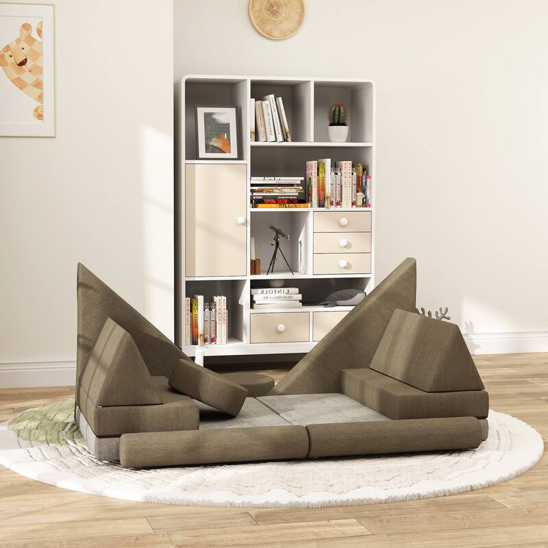 Modular Kids Play Couch, 12 Piece Kids Couch for Playroom Bedroom, Convertible Sofa Lounger for Boys & Girls, Khaki