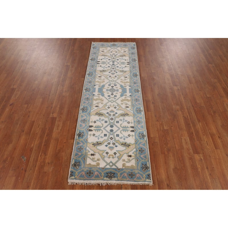 Ivory & Light Blue Oushak Oriental Runner Rug Hand-Knotted Wool Carpet - 2'7"x 7'9"