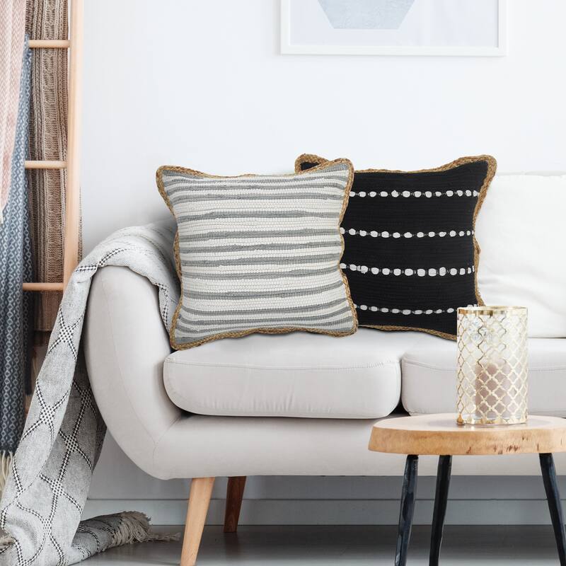 Sevita Gray Haze Striped Cotton and Jute Throw Pillow