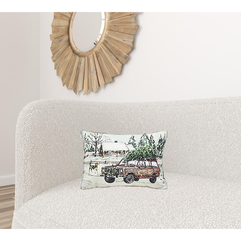 HomeRoots 13" X 18" White Green Black And Red Zippered Polyester Christmas Holiday Van Throw Pillow