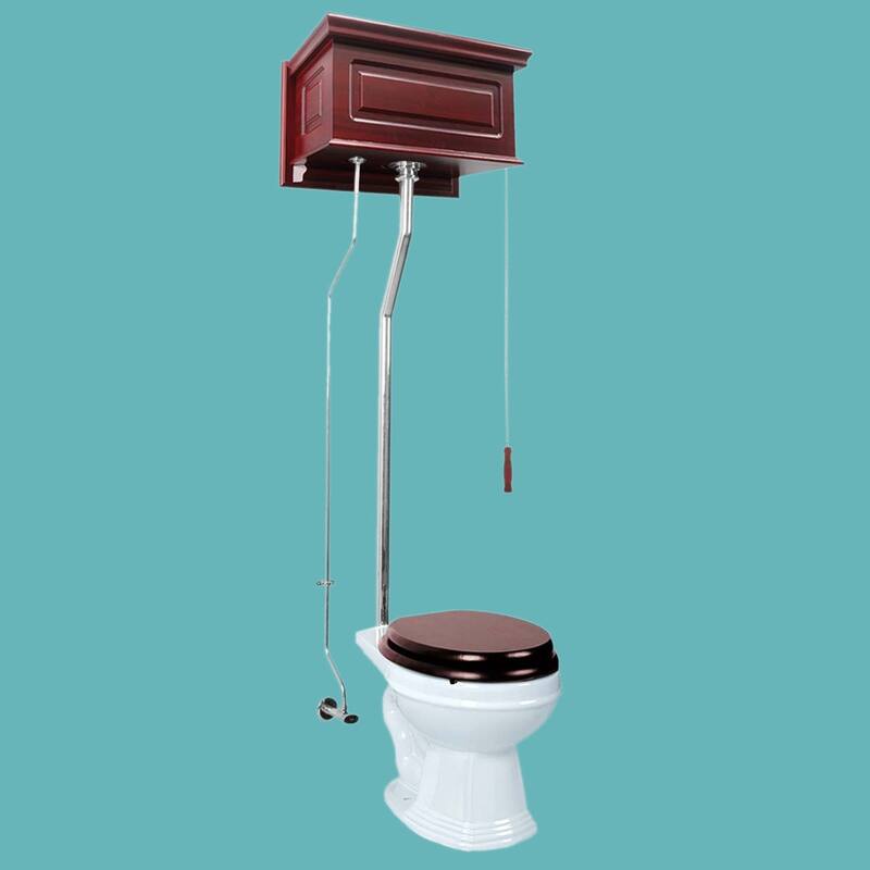 Cherry Wooden High Tank Toilet Raised Tank, Round White Bowl and Chrome L Pipes