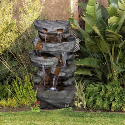 Alpine Corporation 39" Tall Outdoor Cascading Stone Water Fountain with LED Lights