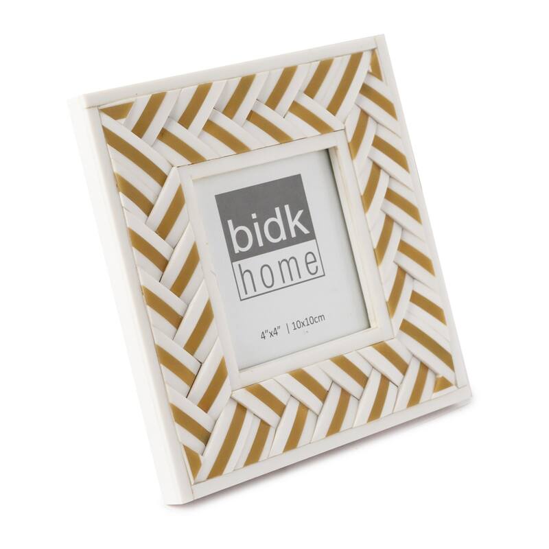 Square Herringbone Picture Frame - for 4" x 4" Photo - White and Gold - 4-inchx4-inch