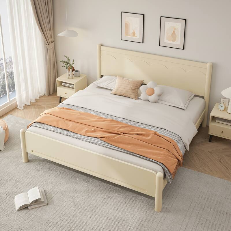 Wood Platform Bed Frame with Headboard and Wooden Slat Support