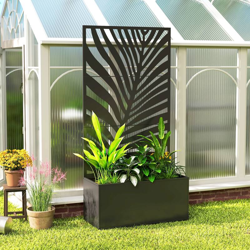 Outsunny Metal Planter Box with Trellis, 71" Tall Raised Garden Bed with Trellis Privacy Screen for Climbing Plants