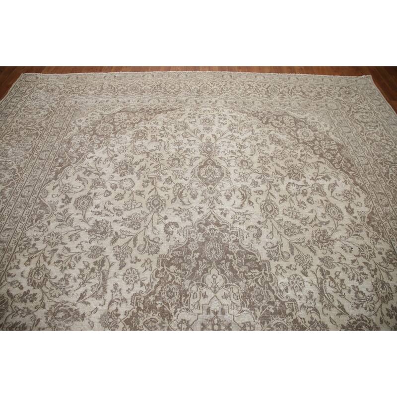 Hand Knotted Oriental 100% Wool Carpet Traditional Floral Beige & Ivories Mashad Area Rug - 12' 1'' X 9' 5''