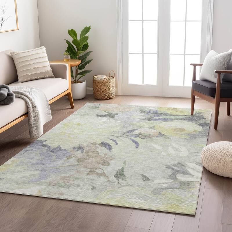 Machine Washable Indoor/ Outdoor Watercolor Floral Chantille Rug