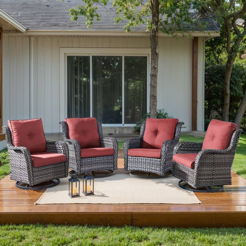 Pocassy 4Pieces Swivel Glider Chairs with 5Inch 6Inch Cushion - Grey Wicker Red Cushion - 4PCS Swivel Chair with 4 Inch Cushion