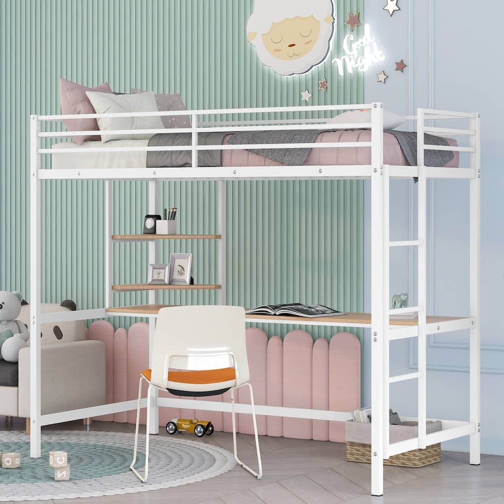 Twin Metal Loft Bed with Desk and Shelve,White