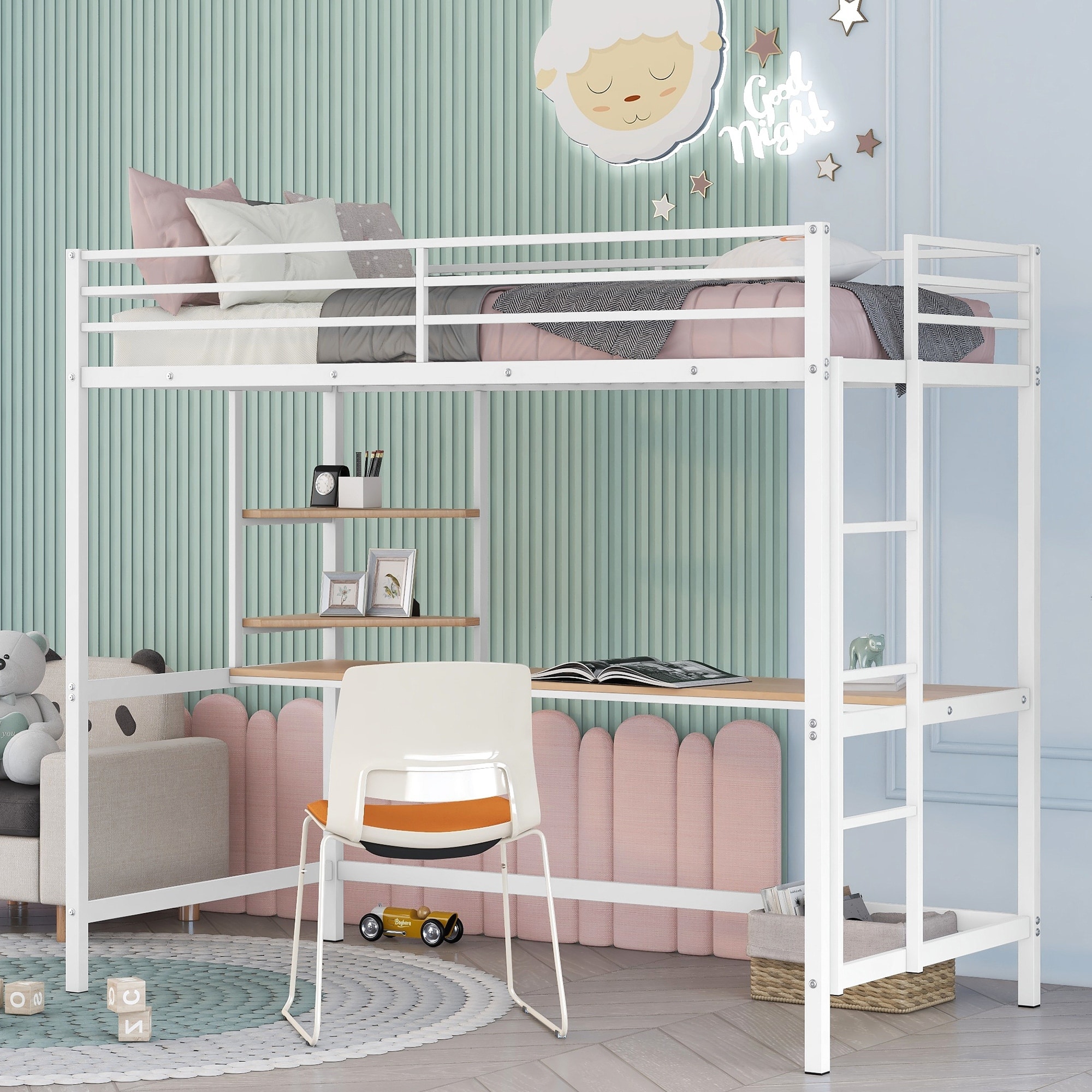 White metal loft top bed with desk