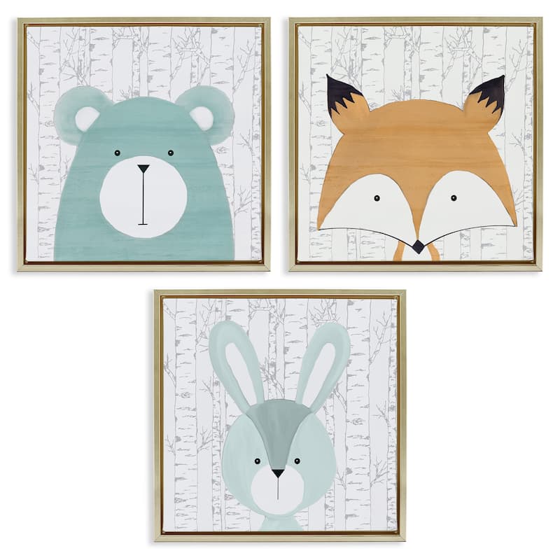 Stupell Whimsical Woodland Nursery Animals Framed Floater Canvas Wall Art Design By Kim Allen (Set of 3) - 25 x 25 - Gold