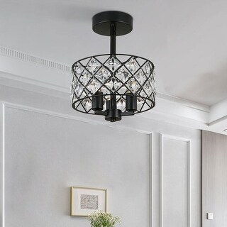 3 Light Modern Black Crystal Semi Flush Mount Ceiling Light - 11.81''
