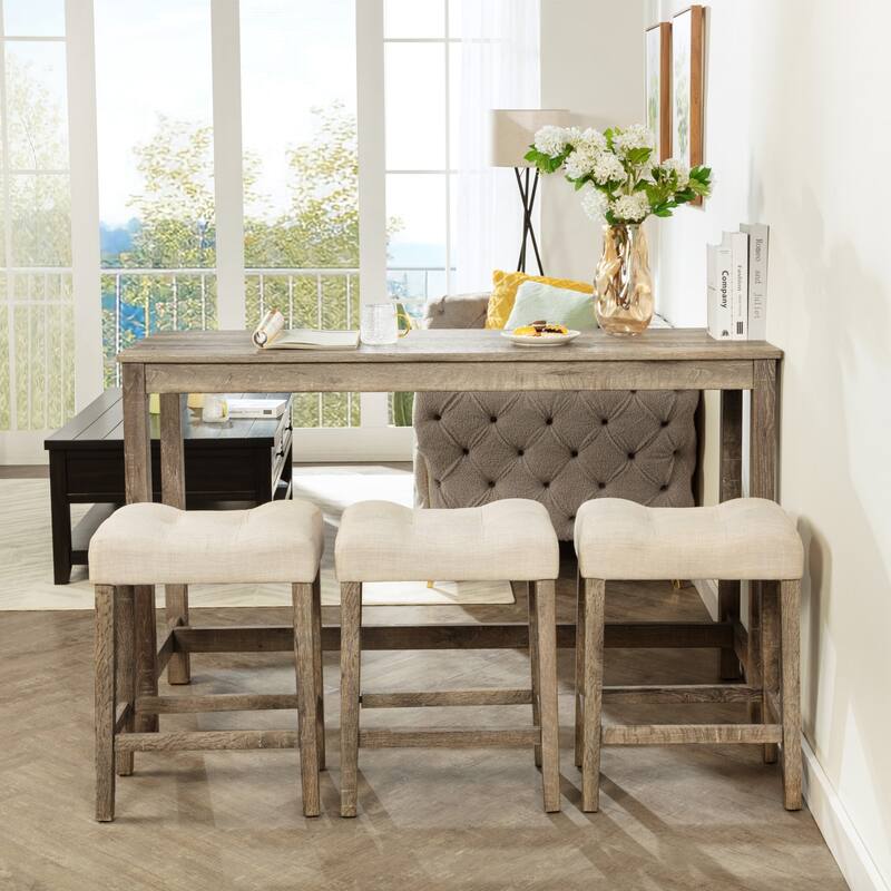 GDFStudio - Calverly 4-Piece Industrial Bar Table Set with USB Power Station and 3 Linen Upholstered Stools