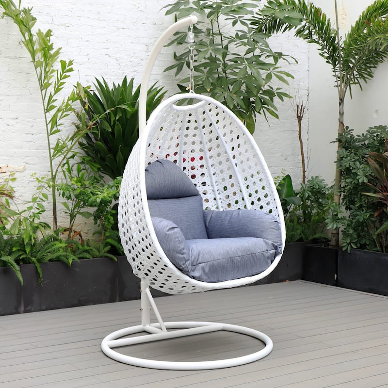 Patio Hanging Egg Swing Chair with White Wicker Shell and Iron Frame for Indoor Outdoor Patio Porch Garden Backyard