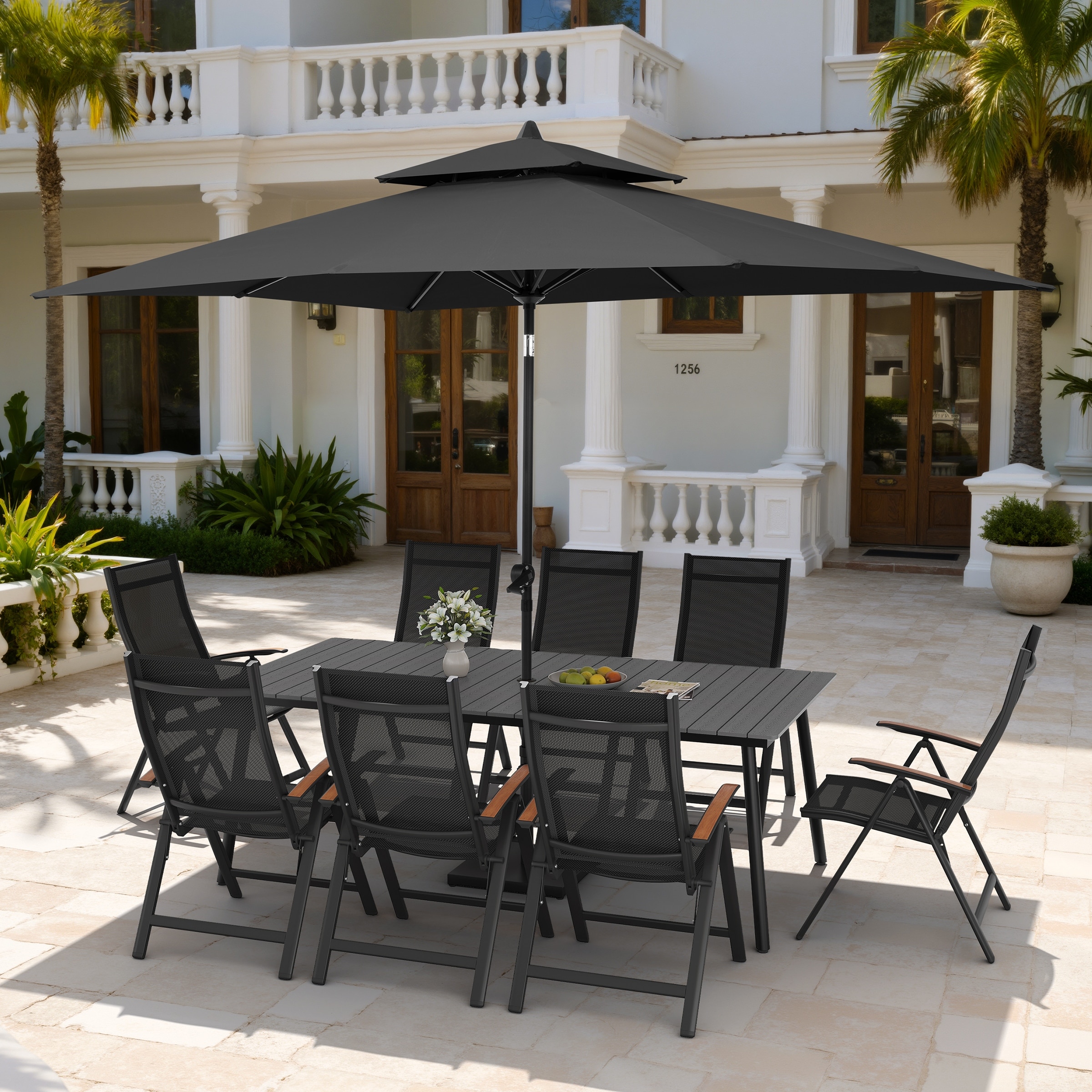 11PC Outdoor Patio Dining Set Wood-Like Aluminum Umbrella Hole Table with Folding Chairs,Double Top Market Umbrella and Base