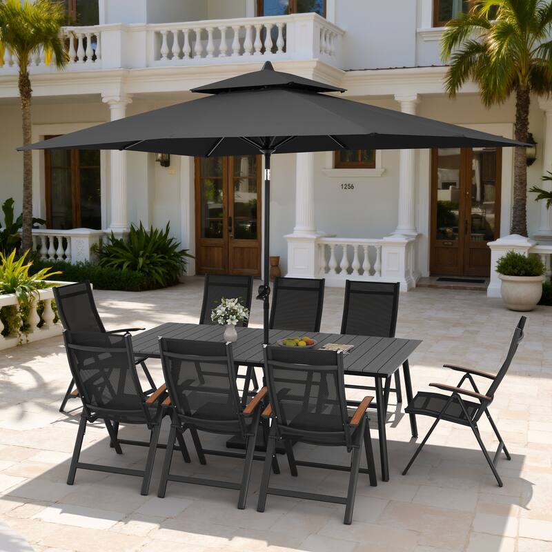 11PC Outdoor Patio Dining Set Wood-Like Aluminum Umbrella Hole Table with Folding Chairs,Double Top Market Umbrella and Base - GreyTable&BlackChairs&BlackUmbrella