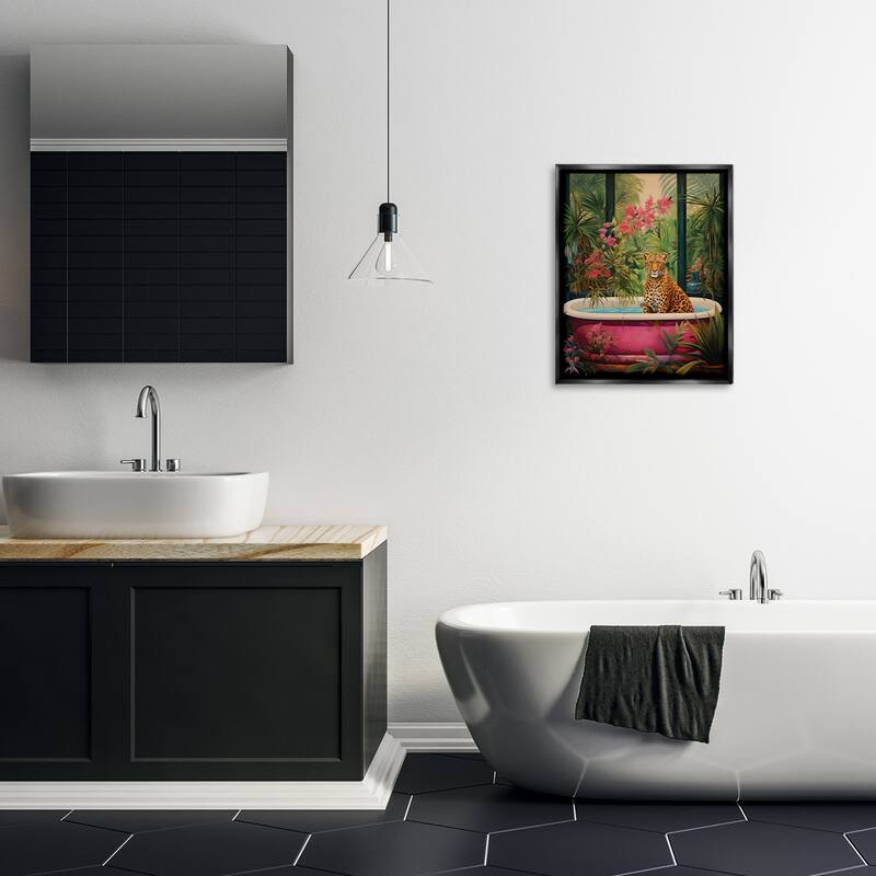 Stupell Leopard in Lush Tropical Bath Framed Floater Canvas Wall Art Design By Heidi Kuntz