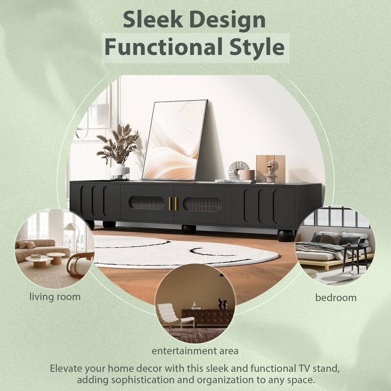 Roomfitters Modern TV Stand for up to 80 Inch TV, Storage Cabinet with Glass Door, Wood Legs and Metal Handles, Black