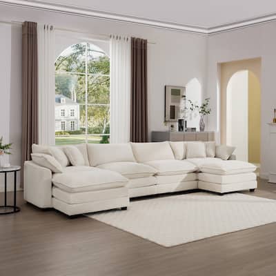 U-Shape Modular Sectional Sofa Set with 2 Ottomans, 4-Seat Corduroy Upholstered Sofa with Removable Armrests for Livingroom