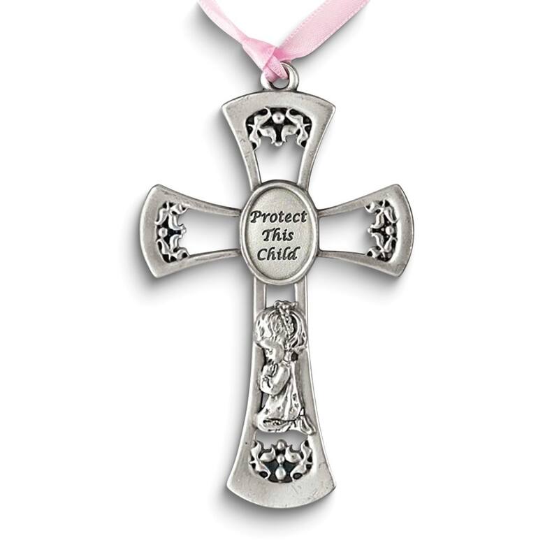 Curata Pewter Protect This Child with Praying Girl and Pink Ribbon Crib Cross