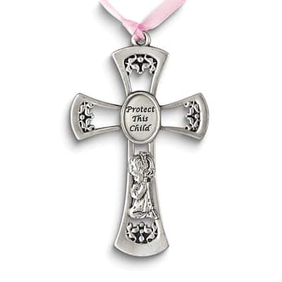 Curata Pewter Protect This Child with Praying Girl and Pink Ribbon Crib Cross