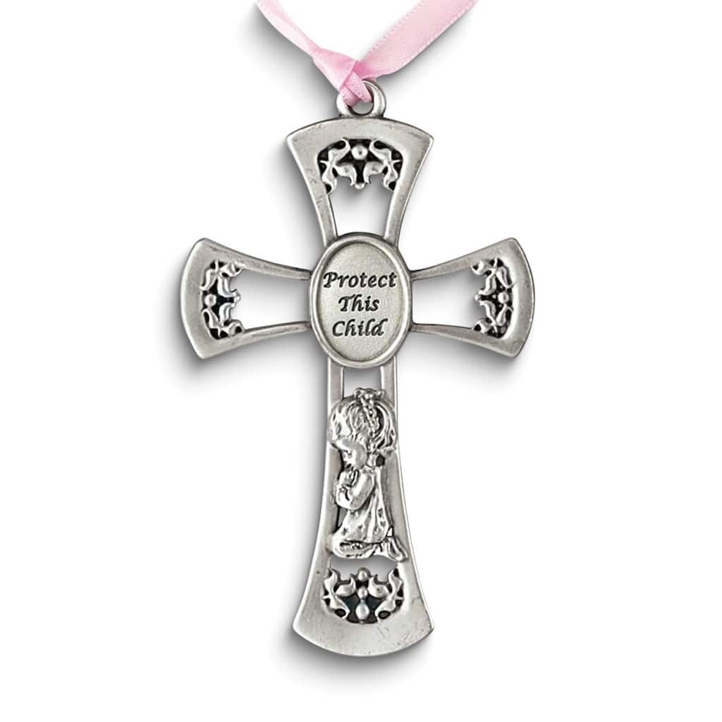 Curata Pewter Protect This Child with Praying Girl and Pink Ribbon Crib Cross