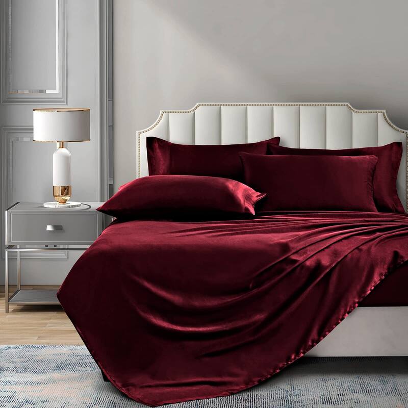 6 Pieces King Satin Sheets Luxury Silky Burgundy Satin Bedding Sheet