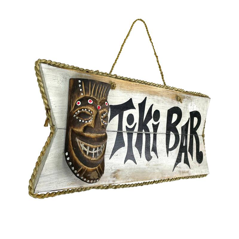 Hand Painted Rustic Tiki Bar Sign Carved Mask Rope Hanging 16X7