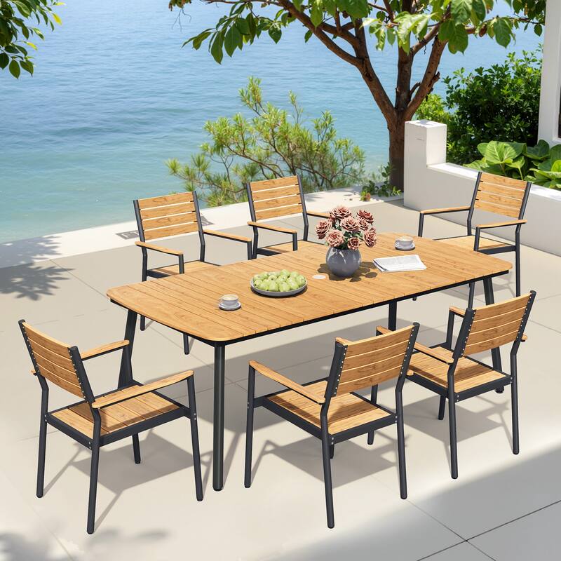 7-piece Patio Dining Set Outdoor Aluminum Rectangular Table with Umbrella Hole and Stackable Chairs - Brown