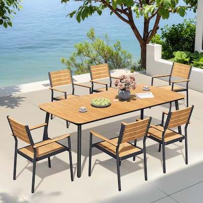 7-piece Patio Dining Set Outdoor Aluminum Rectangular Table with Umbrella Hole and Stackable Chairs