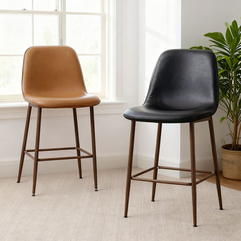 Modern PU Leather Counter Height Bar Stools with Walnut Wood-Grain Metal Legs (Set of 3)