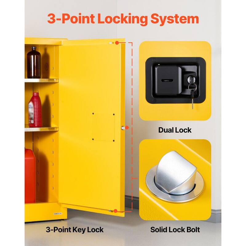 29 Gallon Heavy Duty Yellow Fireproof Cabinet for Flammable Liquids with Adjustable Shelves - 43” x 18.1” x 46.4”