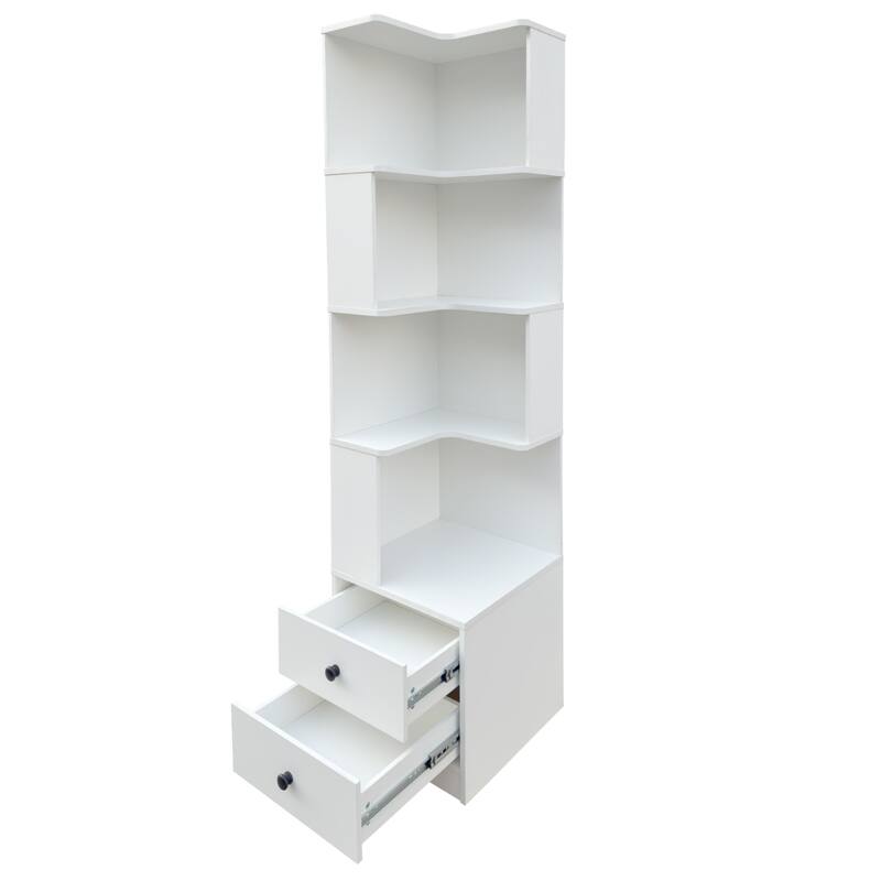 Corner Bookshelf With Drawers,4-Tier Corner Bookcase With Baffle, Freestanding L Shaped Display Shelf Stand With LED Lights