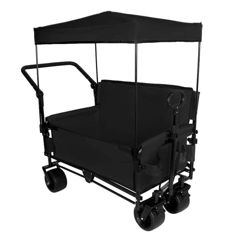 3-in-1 Folding Wagon Cart with Bench Seat & Canopy & Storage, 500lbs Heavy-Duty, 180L Capacity, All-Terrain Wagon