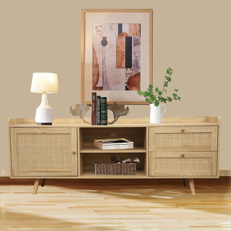Natural TV Stand with Rattan TV Stand Boho Media Entertainment Center