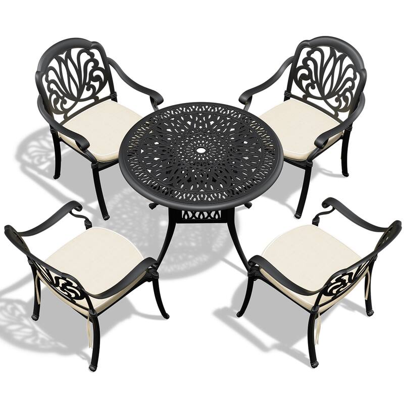 3/5-Piece Cast Aluminum Outdoor Dining Set with 35.43 in. Round Table and Random Color Seat Cushions