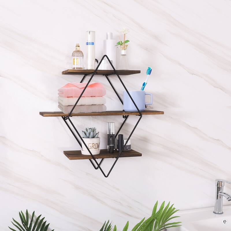 3Tier Metal Wall Shelves in Geometric Diamond for Home Display Storage