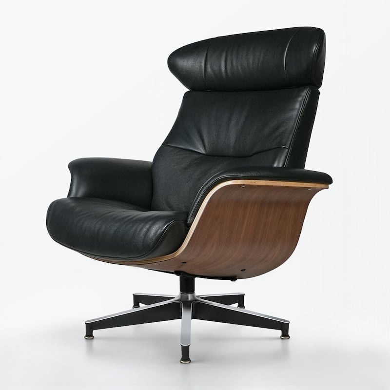 HomeRoots 33" Black and Walnut Leather And Wood Swivel Lounge Chair With Ottoman - 33.46 in. x 40.55 in. x 41.73 in.
