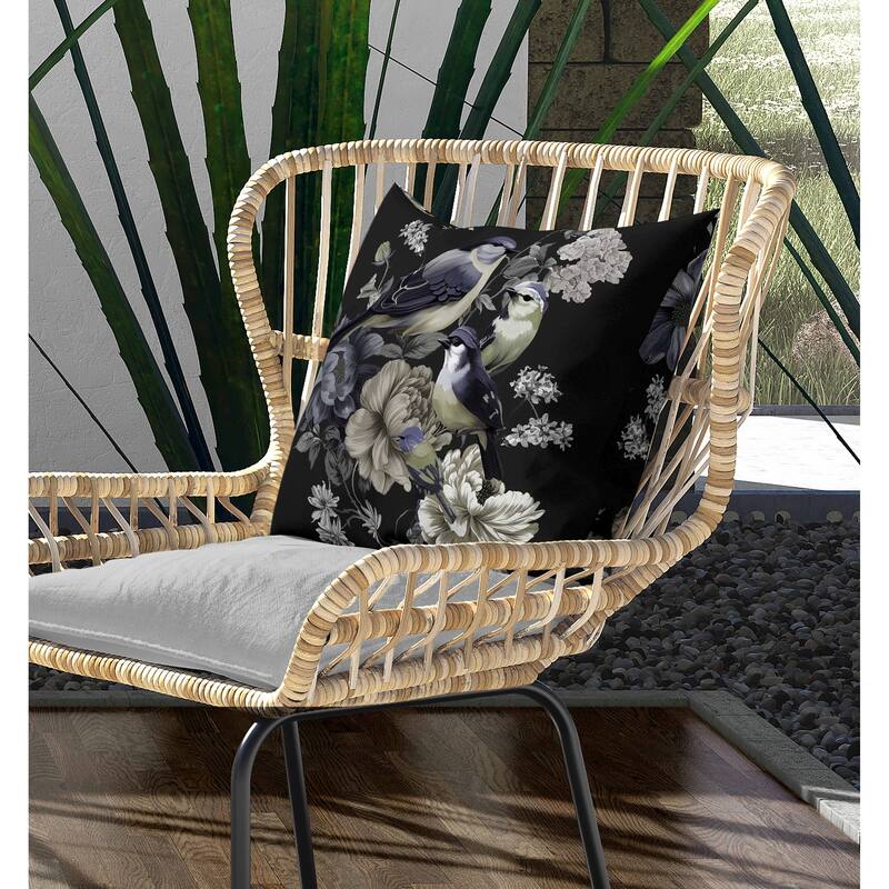 Petal Perched Birds Indoor/Outdoor Reversible Throw Pillow Black and Grey