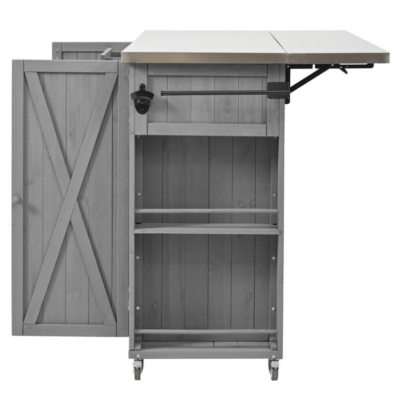 Outdoor Kitchen Island Fir Wood Kitchen Island with Stainless Steel Top, Ample Storage Space, Towel and Spice Racks