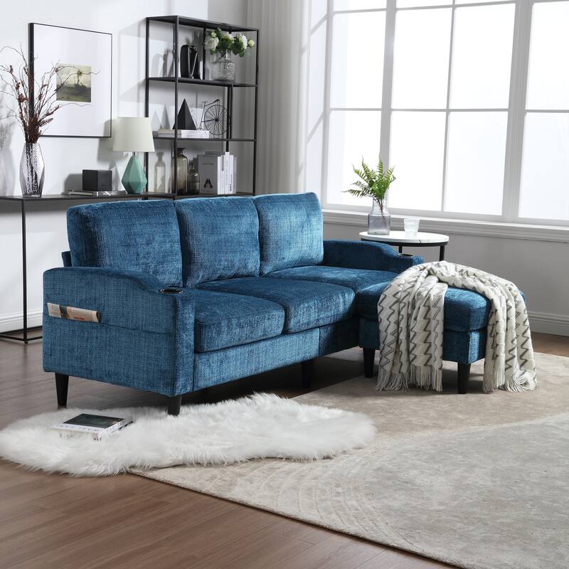 Modular Sectional Sofa with Storage Ottoman, Comfy Chenille Fabric Sofa, 3-Seater Sofa with Side Pockets & 2 Cup Holders