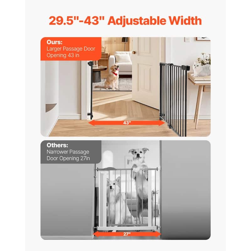 Black Adjustable Steel Baby Gate for Stairs or Doorways with No Threshold and One-Hand Open - 29.5-43”W x 28”H