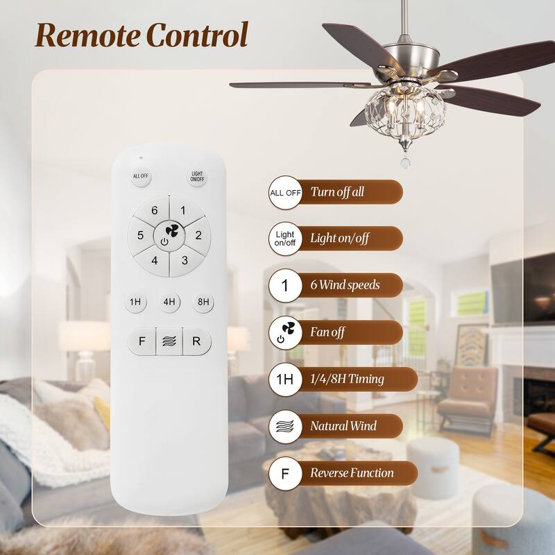 Sofucor 52" Ceiling Fan with Light Remote, Classical Crystal Chandelier fan, 5 Reversible Blades & Reverse Airflow - 52 Inches