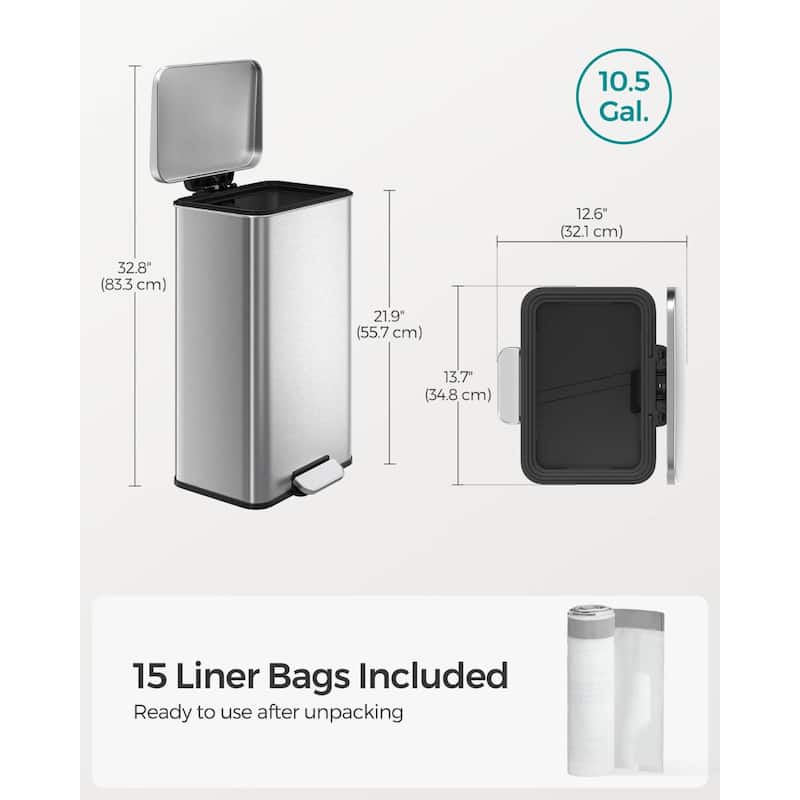 10.5 Gallon Stainless Steel Kitchen Garbage Trash Can with Lid Included 15 Garbage Bags