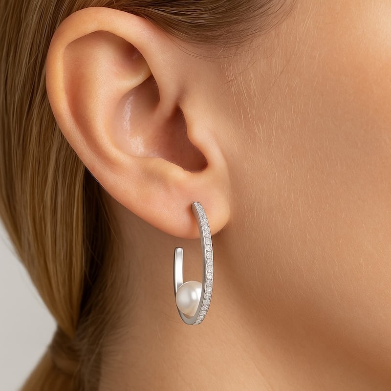 White Rhodium Clad CZ Hoop with Pearl detail - 1.25" Long