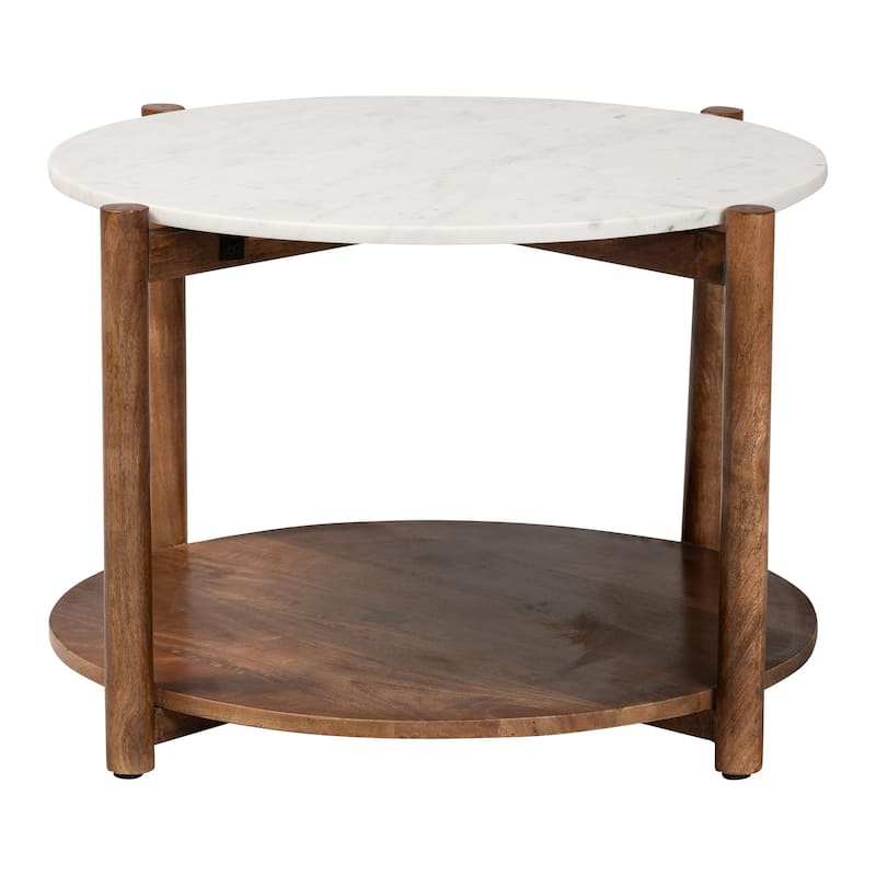 Quindalyn Round Marble Coffee Table - Modern Accent Table with Mango Wood Frame and Open Shelf Storage